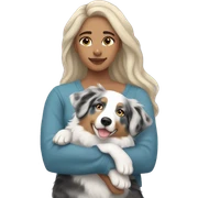 Light skinned woman with medium length blonde hair cuddling with blue Merle Australian shepherd  sticker