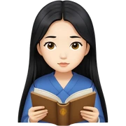 Asian girl with long black hair reading sticker