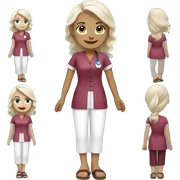Nurse with tied platinum blonde hair, blue eyes, burgundy coloured tunic, white pants, pink closed Birkenstocks sticker