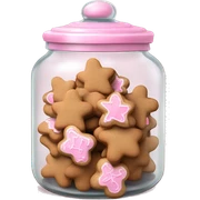 Realistic glass cookie jar with light pink lid full of gingerbread cookies isolated.  sticker