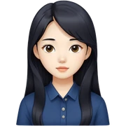 beautician, pretty korean girl with black long hair wearing navy shirts, long face sticker