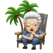 An angry old looking , short fat white lady with grey  hair , with a cigarette in her mouth ,sitting outside next to palm trees , on a grey small plastic chair sticker