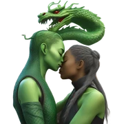 Photo realistic, alien female green, kissing and embracing china dragon sticker