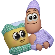 boy in pajamas with hat sticker