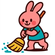 rosy bunny sweeping floor with broom, vibrant-toon style sticker