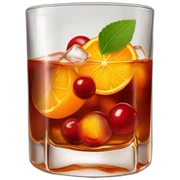 Short old fashioned glass, whiskey cocktail cherry, ice cubes, orange peel twist sticker