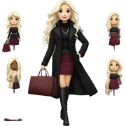 Platinum blonde girl with long hair, made up, wears very long black coat, black knee high boots. Burgundy coloured skirt & black sweater. Burgundy coloured small oval pocket in the left hand & in the right hand shopping bags. Wears a lot of jewellery. sticker