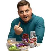 boy indoors with snacks sticker
