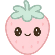 kawaii style strawberry, happy face, pastel pink and green, sparkling eyes, playful and cute sticker