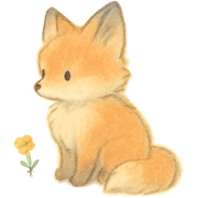 fluffy baby fox silhouette, Japanese soft pastel hand-drawn style, full object, transparent background, with a tiny flower sticker