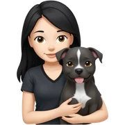 girl with long black hair wearing a black v neck t shirt holding smiling grey Staffordshire bull terrier  sticker