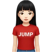 Lisa con una camiseta que ponga JUMP de manga corta las letras blancas y el fondo rojo pelo largo con flequillo negro y liso sticker