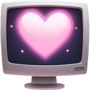 Monitor Emoji "A pastel pink computer monitor displaying a glowing, pixelated heart icon, surrounded by shimmering sparkles and dreamy light trails." sticker