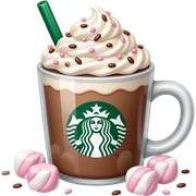 Starbucks hot chocolate with whipped cream, pink and white and light brown marshmallow and chocolate sprinkles
 sticker