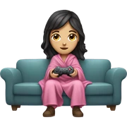 White girl with dark hair wrapped up in a blanket sitting on a couch with a pink gaming controller in her hands sticker