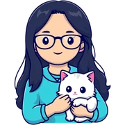 Beautiful girl with long black hair and glasses holding a white kitten sticker
