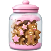 Realistic glass cookie jar with light pink lid full of gingerbread cookies isolated.  sticker