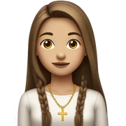 fair skinned girl, with brown long straight hair and a cross necklace sticker