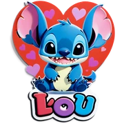 The character stitch with kittens all around him and hearts with the text that reads. I love you. sticker