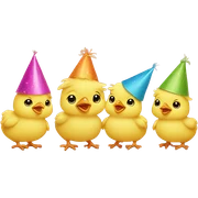 4 baby yellow chickens, wearing party hats sticker