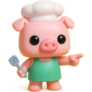 A Funko Pop-style pig chef pointing to the right, wearing a green apron and holding a spatula, cartoonish and cute. sticker