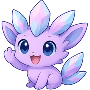 Make the chibi kawaii crystal sprite creature with a crystal tail wave hello. Keep the pastel purple, blue, and pink colors. Show a happy and excited expression. No background. Maintain the chibi kawaii crystal sprite style as in the reference image. sticker