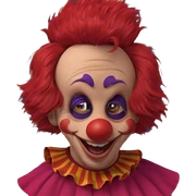 red-haired clown with a smile sticker