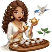 Light brown skin girl, long curly brown flat hair, gold jewelry, white dress, feeding birds with wooden tea ceremony tray with lotus flower sticker