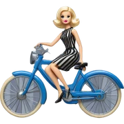 Blonde Silkstone Barbie enid sinclair from academy in blue and black vertically-striped classic dress riding bikes with crows sticker