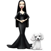 Morticia Addams Barbie at home. Smiling. Filmy nightgown . Very Pale-white porcelain skin.  sticker