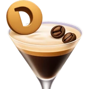 Espresso martini with the letter d in the foam and a espresso bean garnish sticker
