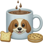 Toast with hot chocolate in a Cockapoo cartoon ish white mug with a cookie sticker