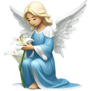 Angel in blue robe kneeling holding white lily sticker