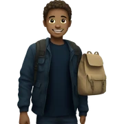 smiling boy outdoors with bag sticker