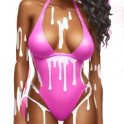 Woman wearing pink bikini with dripping white paint  sticker