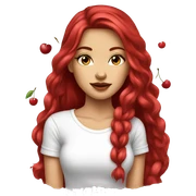 cherry red long hair beautiful woman wear white t-shirt with cherry print  sticker