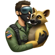 Yellow army Pilot with black mask googles, and then a big hyena kissing kissing him sticker