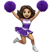 Caucasian cheerleader with long dark brown hair, jumping and holding up two purple Pom poms, small full body emoji sticker