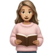 Pretty brown eyed white girl with light pink sweater reading cozy sticker