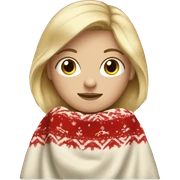 white female, blonde hair, wearing a christmas blanket sticker