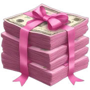 a stack of pink money bills tied with a ribbon sticker