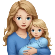 young woman with long straight light brown hair, side bangs, and blue eyes. She is holding a 1 year old baby girl with blond curly hair and blue eyes  sticker