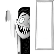 Black and white vintage cartoon character peeking from behind a slightly open door, only half of the face visible. The character has an exaggerated wide toothy grin, mischievous and unsettling smile, large oval eyes, rubber hose animation style from the 1920s, classic ink cartoon look creepy sticker