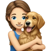 Woman with brown hair and blue eyes hugs golden retriever with brown eyes sticker