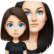 female, wearing black tshirt,  black longer hair sticker