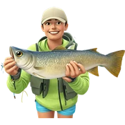 boy smiling with fish outdoors sticker