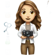 Girl wi with long brown and eyes hair with camera in her hand and with laboratory things in another hand sticker