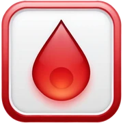 a Tiny compressed Stylized red blood droplet symbol inside a pastel gradient white square icon, red thin borders sticker