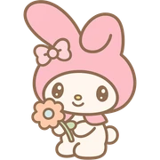 My Melody Sanrio bunny holding a flower with big eyes and pink hood, kawaii style emoji sticker