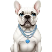 White French bulldog with blue eyes making a sad face and wearing a Chanel necklace sticker